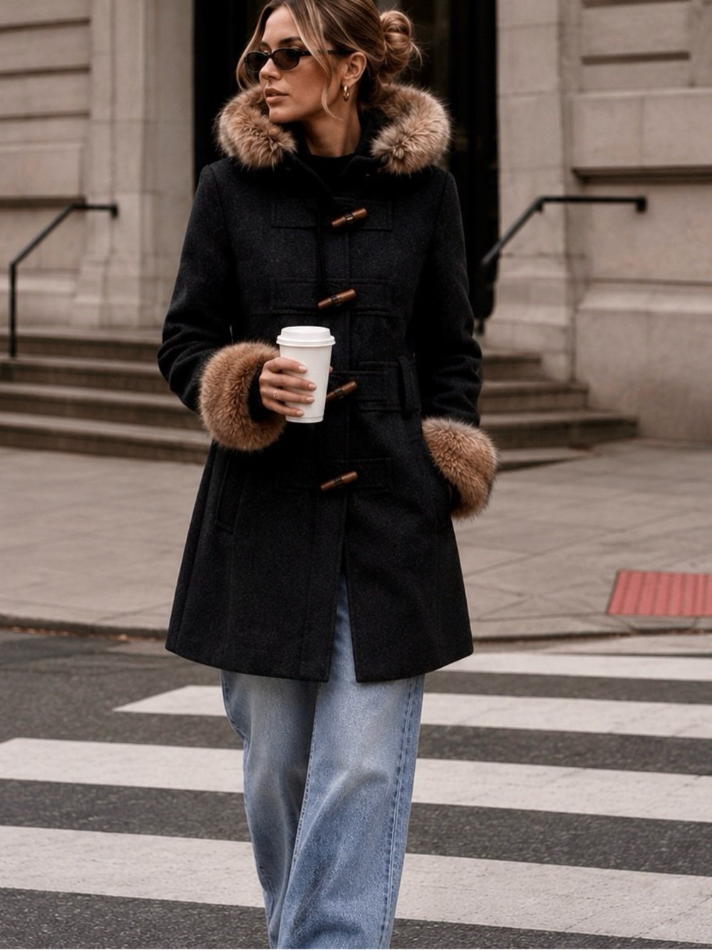 Anthro jacket fur trim toggle close